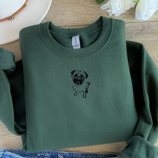 Embroidered Pug Sweatshirt Womens Shirt Gift Unisex Comfy Pullover Crewneck Present Embroidered Custom Hoodie Gift for Dog Lover