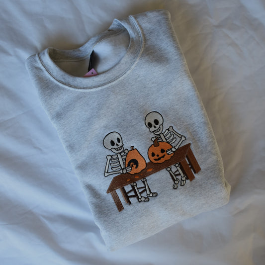 Skeletons Carving Pumpkins Embroidered Sweatshirt | Custom Halloween Crewneck or Hoodie | 11 Colors | Made to Order