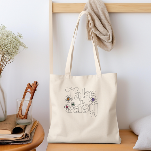 Personalized Embroidered Take it Easy Canvas Book Bag Reusable Grocery Sack Custom Shopping Bag Canvas Tote Mother's Day Gift Present for Book Lover