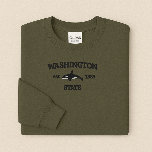 Washington State Embroidered Sweatshirt | Orca Whale Crewneck or Hoodie | Gildan | Made to Order | 11 Colors Available