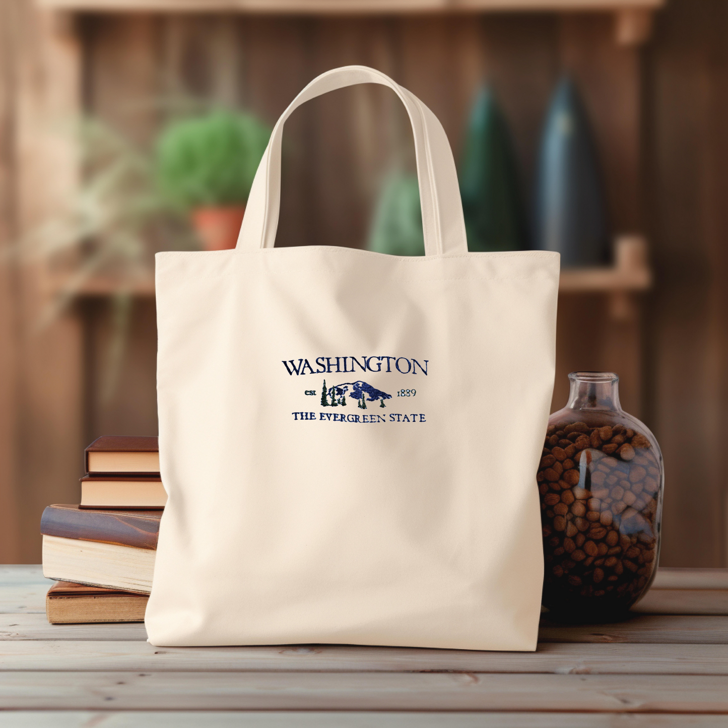 Personalized Embroidered Washington State Canvas Book Bag Reusable Grocery Sack Custom Shopping Bag Canvas Tote Mother's Day Gift Present for Book Lover