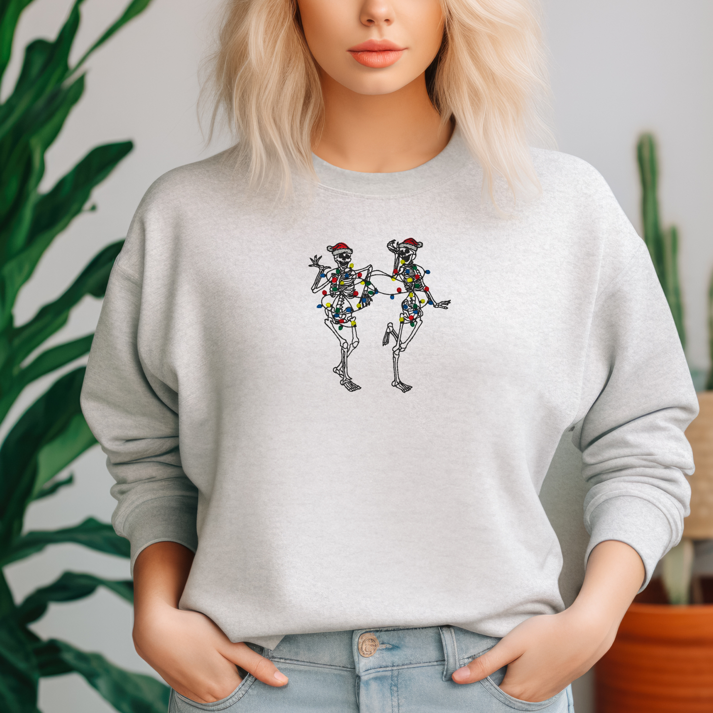 Embroidered Sweatshirt Christmas Skeletons Sweater Comfy Women's and Men's Pullover Present Unisex Hoodie Embroidered Custom Crewneck