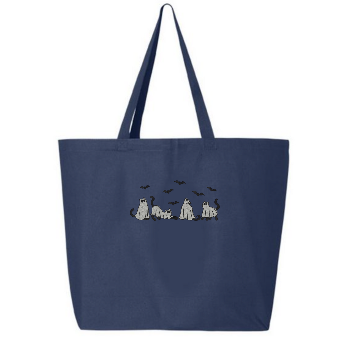 Personalized Embroidered Ghost Cats Canvas Book Bag Reusable Grocery Sack Custom Shopping Bag Tote Mother's Day Gift