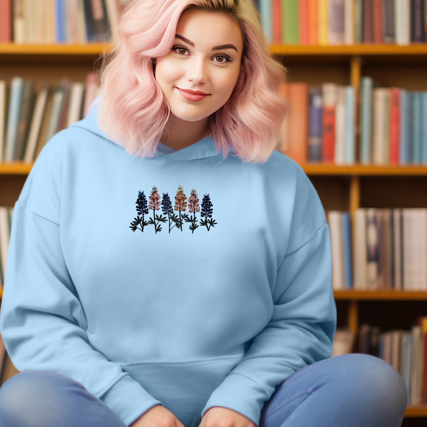 Embroidered Sweatshirt Six Lupines Sweater Comfy Gift Women's and Men's Pullover Present Unisex Hoodie Embroidered Custom Crewneck