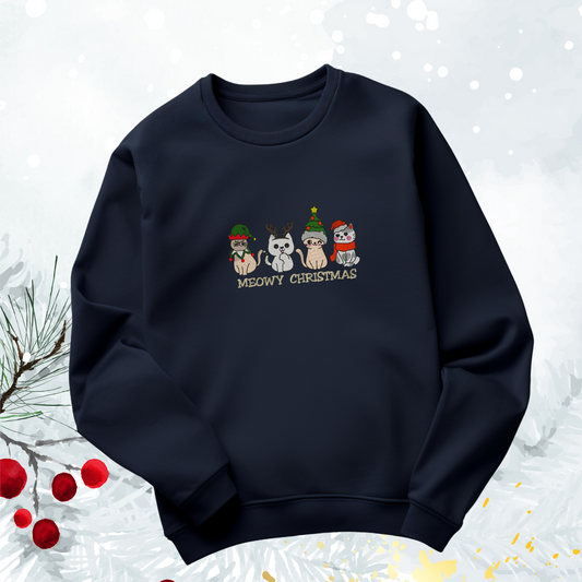 Embroidered Sweatshirt Meowy Christmas Sweater Comfy Gift Women's and Men's Pullover Present Unisex Hoodie Embroidered Custom Crewneck