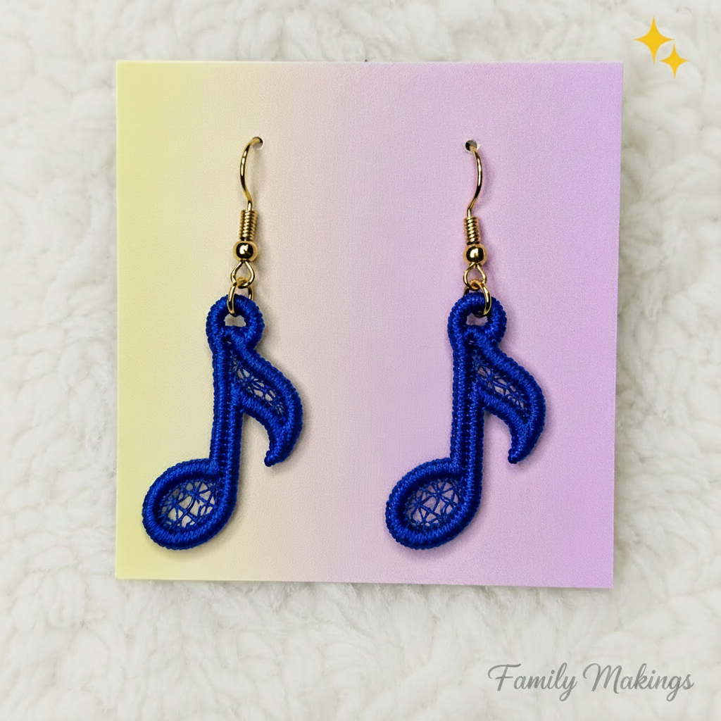 Royal blue colored embroidered eighth note earrings on a card