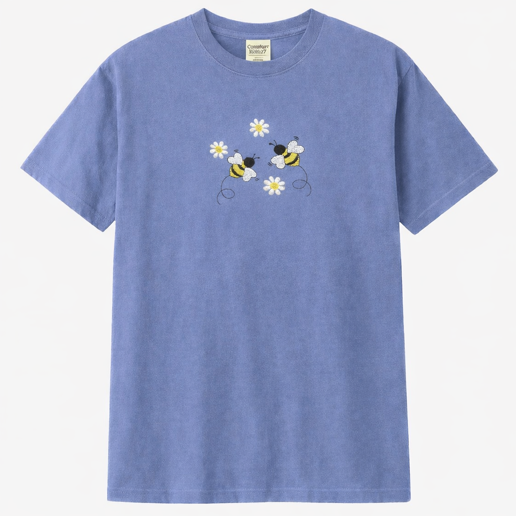 Hydrangea t-shirt with bees and flower design on a white background
