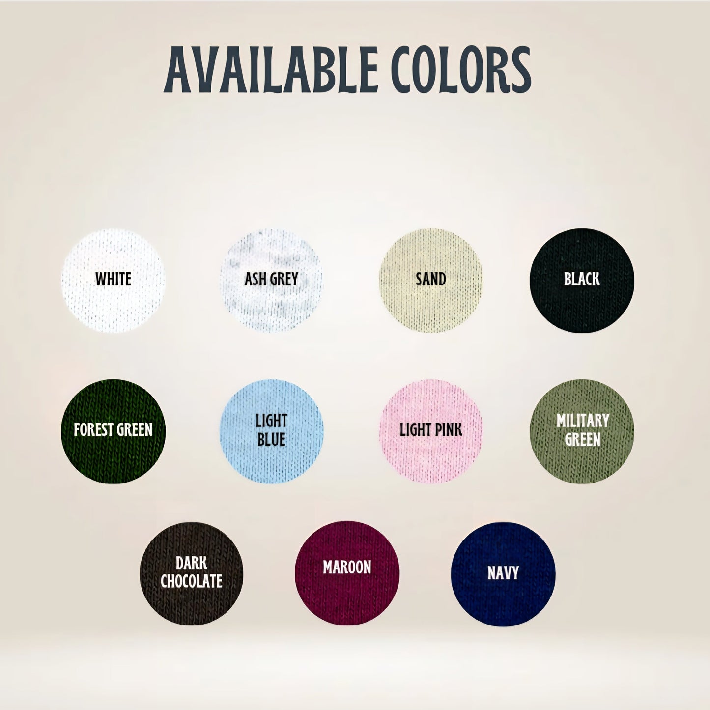 Colors available with labels on a beige background
