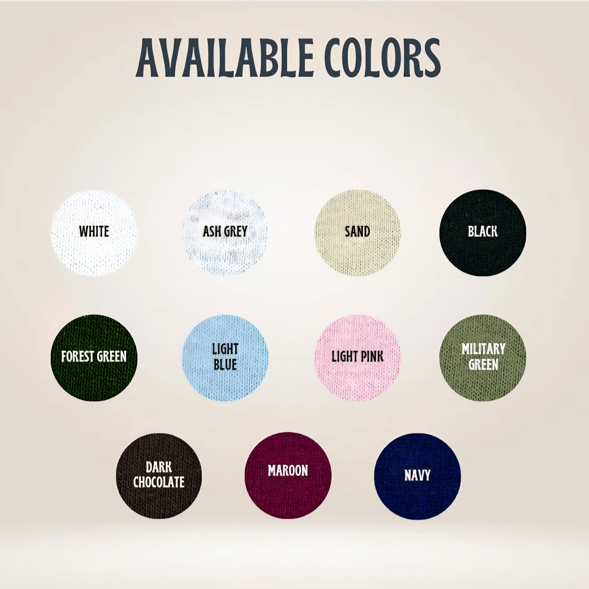 Colors available with labels on a beige background