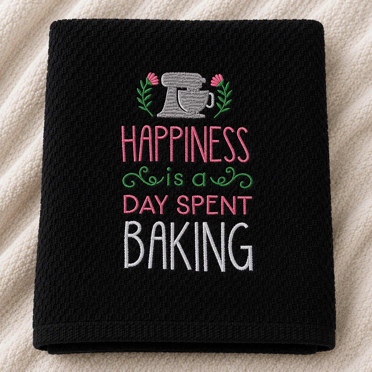Black towel with embroidered text and design on a beige background