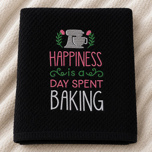 Black towel with embroidered text and design on a beige background
