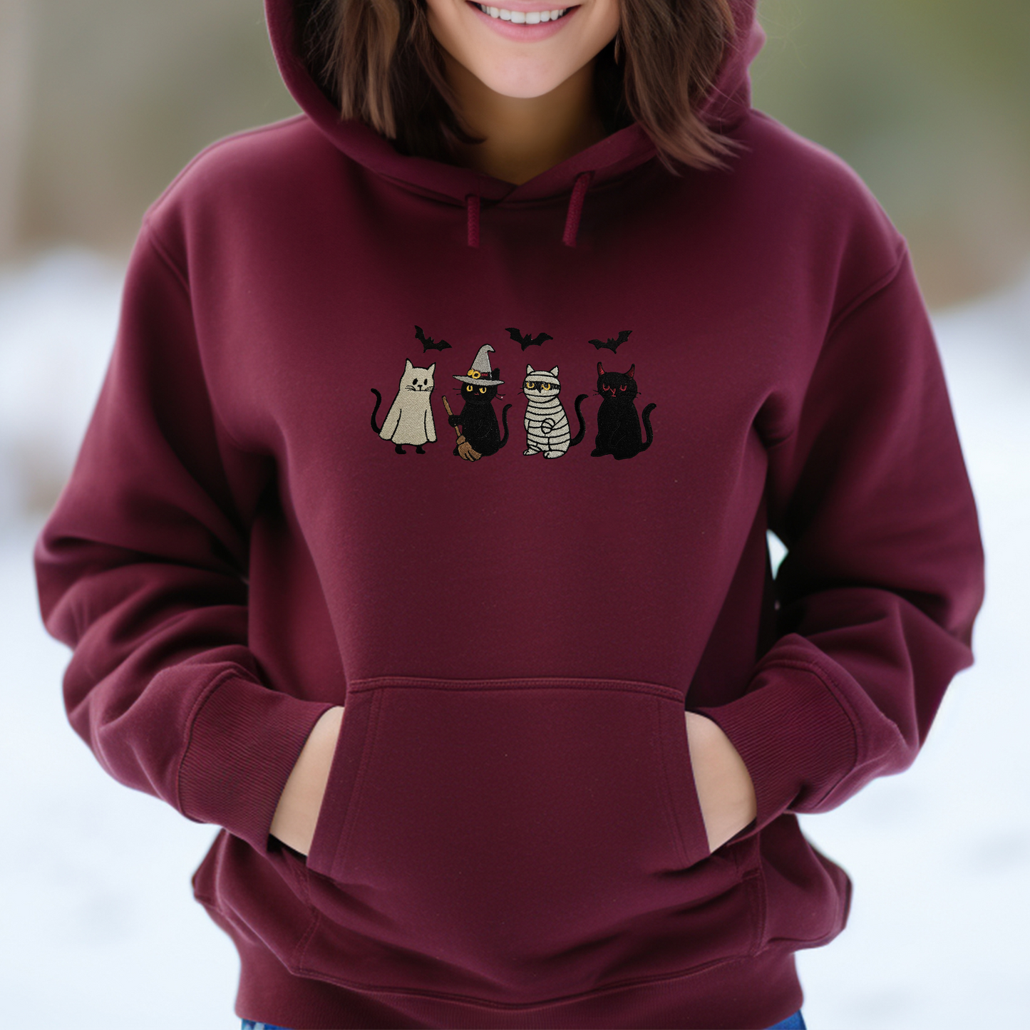 Embroidered Halloween Cat Sweatshirt – Ghost, Witch, Mummy & Devil Cats – Crewneck or Hoodie – Fall Spooky Season Sweater