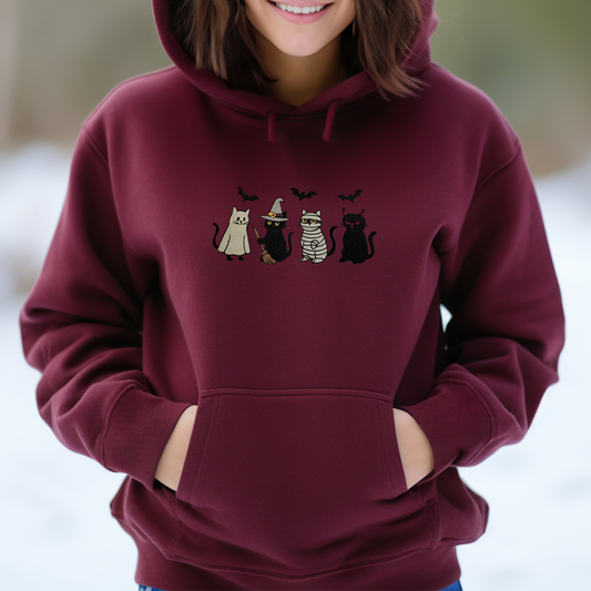 Embroidered Halloween Cat Sweatshirt – Ghost, Witch, Mummy & Devil Cats – Crewneck or Hoodie – Fall Spooky Season Sweater