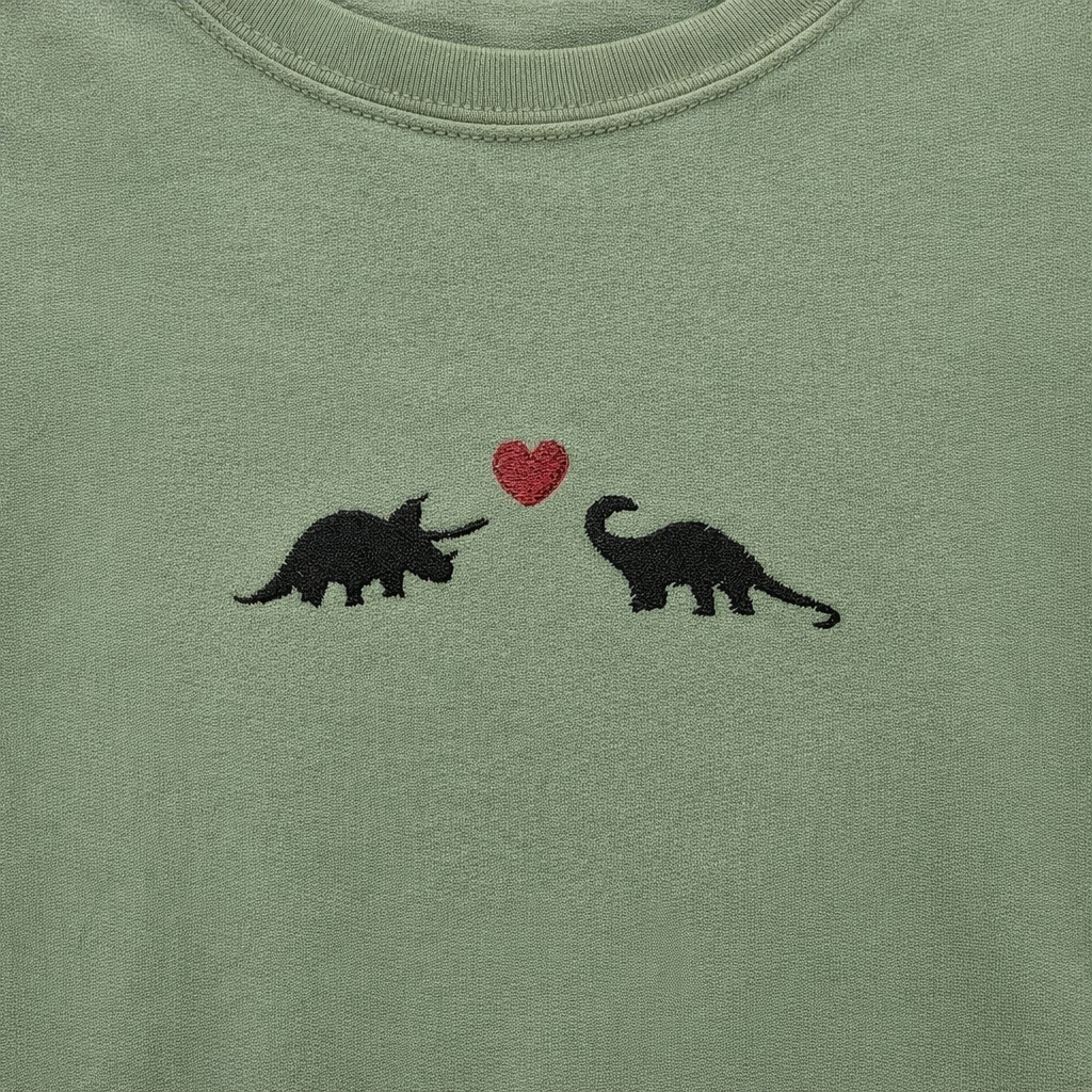 Sage t-shirt with embroidered triceratops and diplodocus dinosaurs and a red heart
