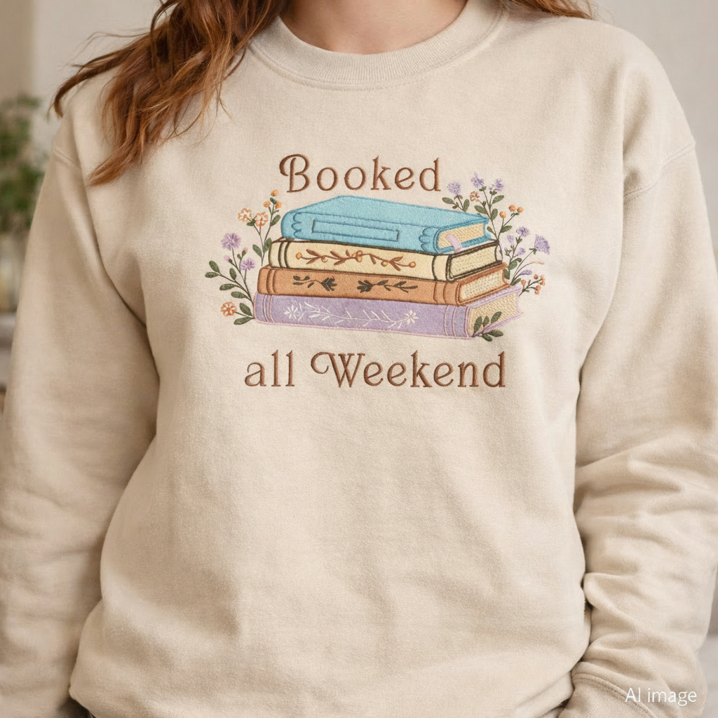 Person wearing a sand sweatshirt with book-themed design and text.