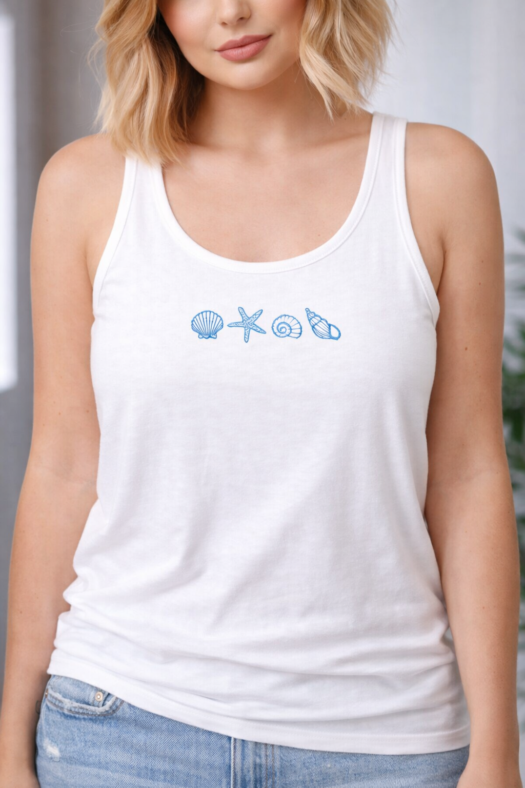 Embroidered Seashell Tank Top – Minimal Beach Icons – Coastal Racerback Tank – 10 Colors