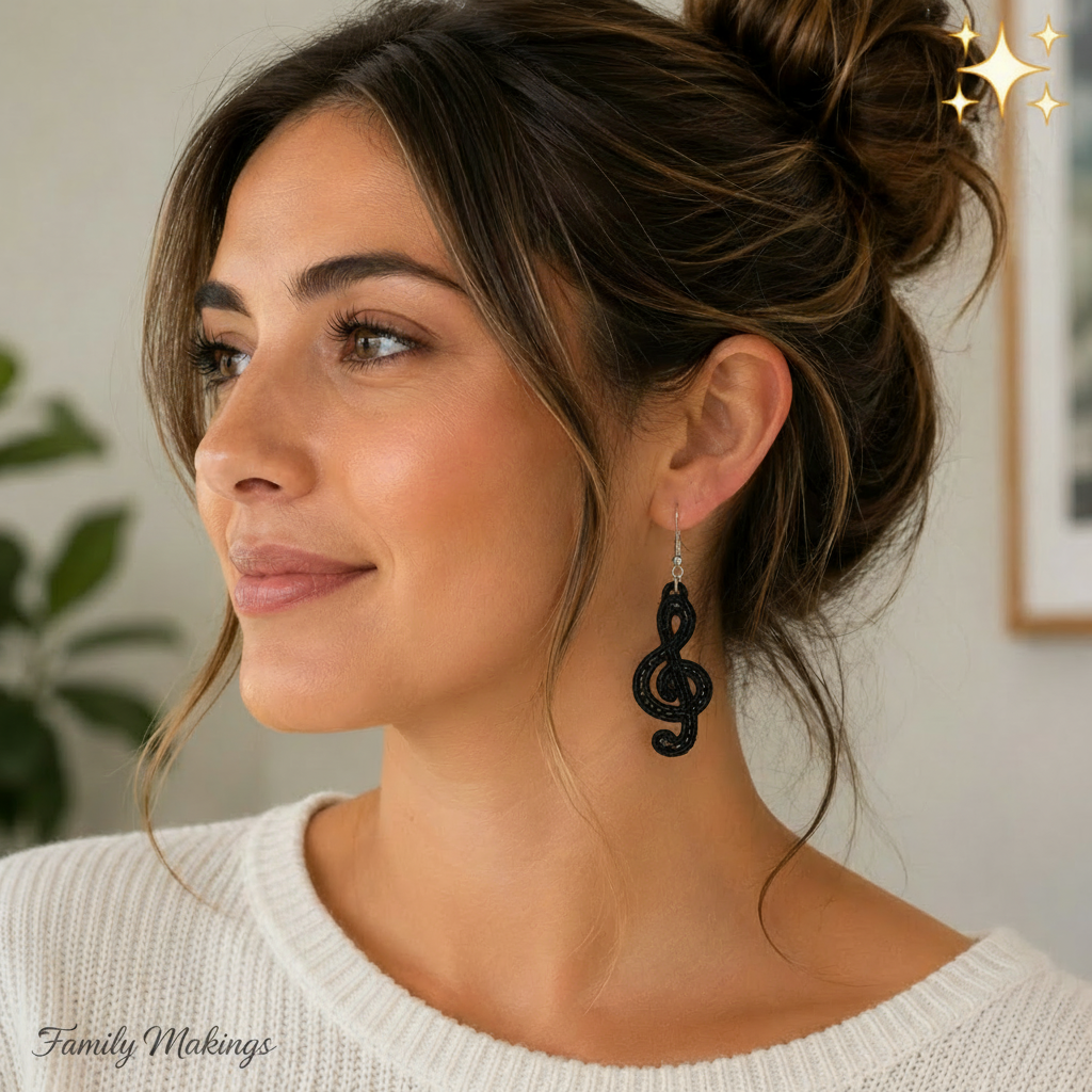 Person wearing black treble clef embroidered earrings