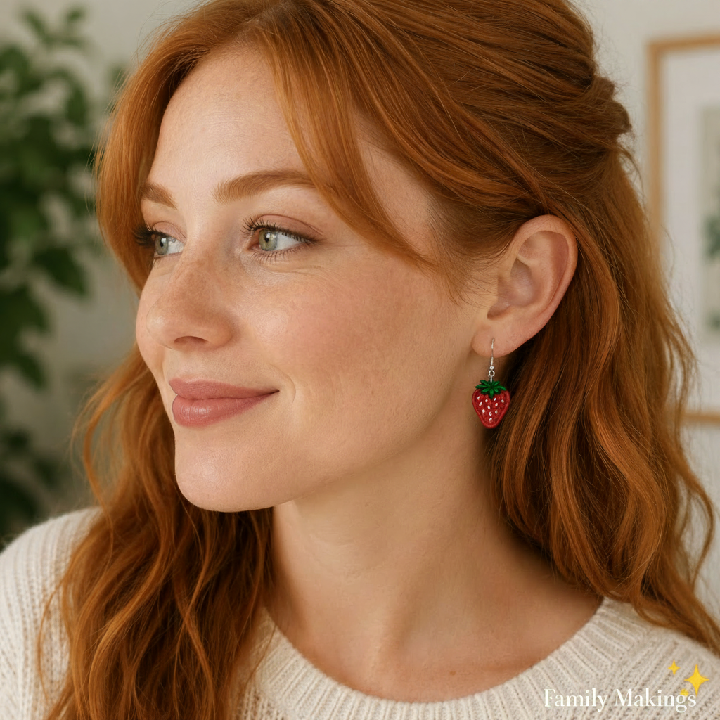 A person wearing the embroidered strawberry earrings