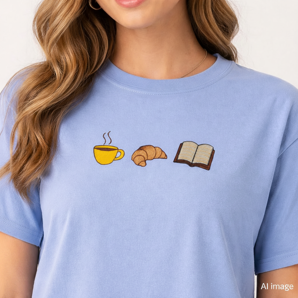 Hydrangea t-shirt with coffee cup, croissant, and book emoji design worn by a person.
