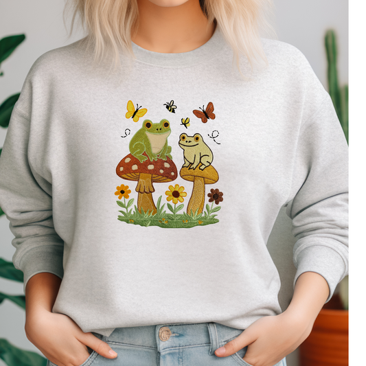Frogs on Mushrooms Embroidered Sweatshirt | Cute Nature Crewneck or Hoodie | Cottagecore Frog Sweater | Made to Order in 10 Colors