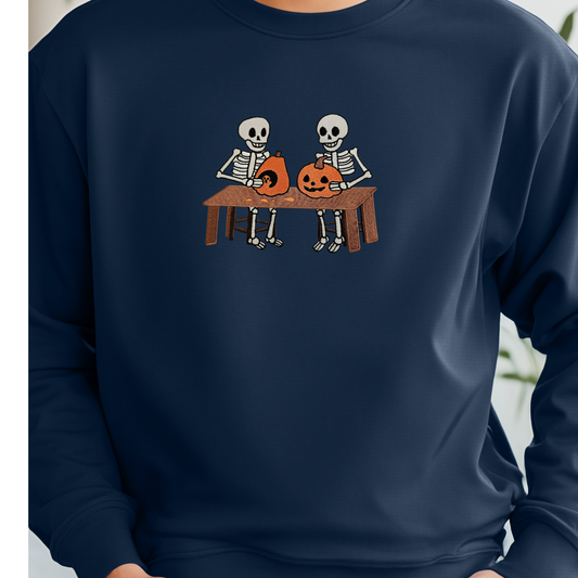 Skeletons Carving Pumpkins Embroidered Sweatshirt | Custom Halloween Crewneck or Hoodie | 10 Colors | Made to Order