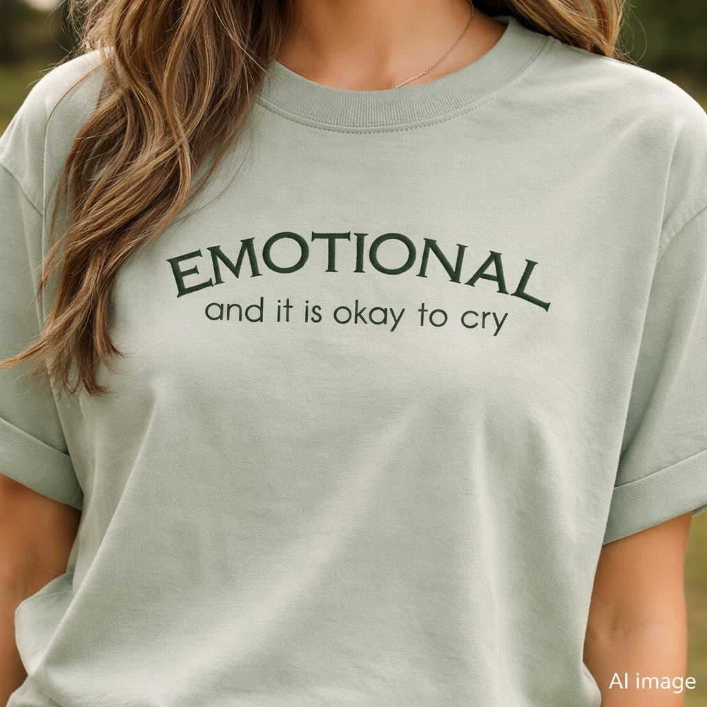 Person wearing a sage t-shirt with 'EMOTIONAL and it is okay to cry' embroidered text.