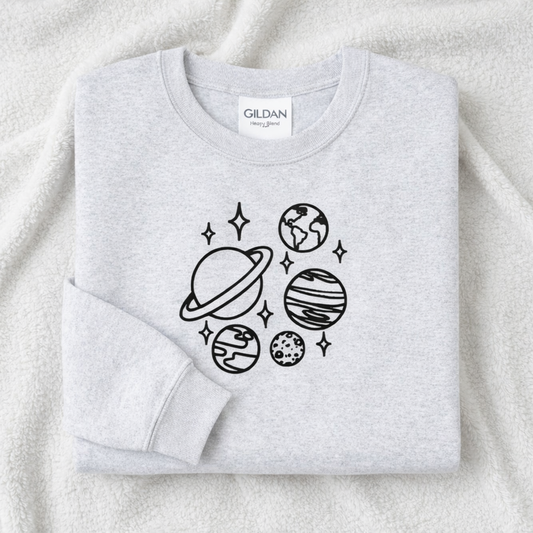 Ash gray sweatshirt with space-themed designs on a white background