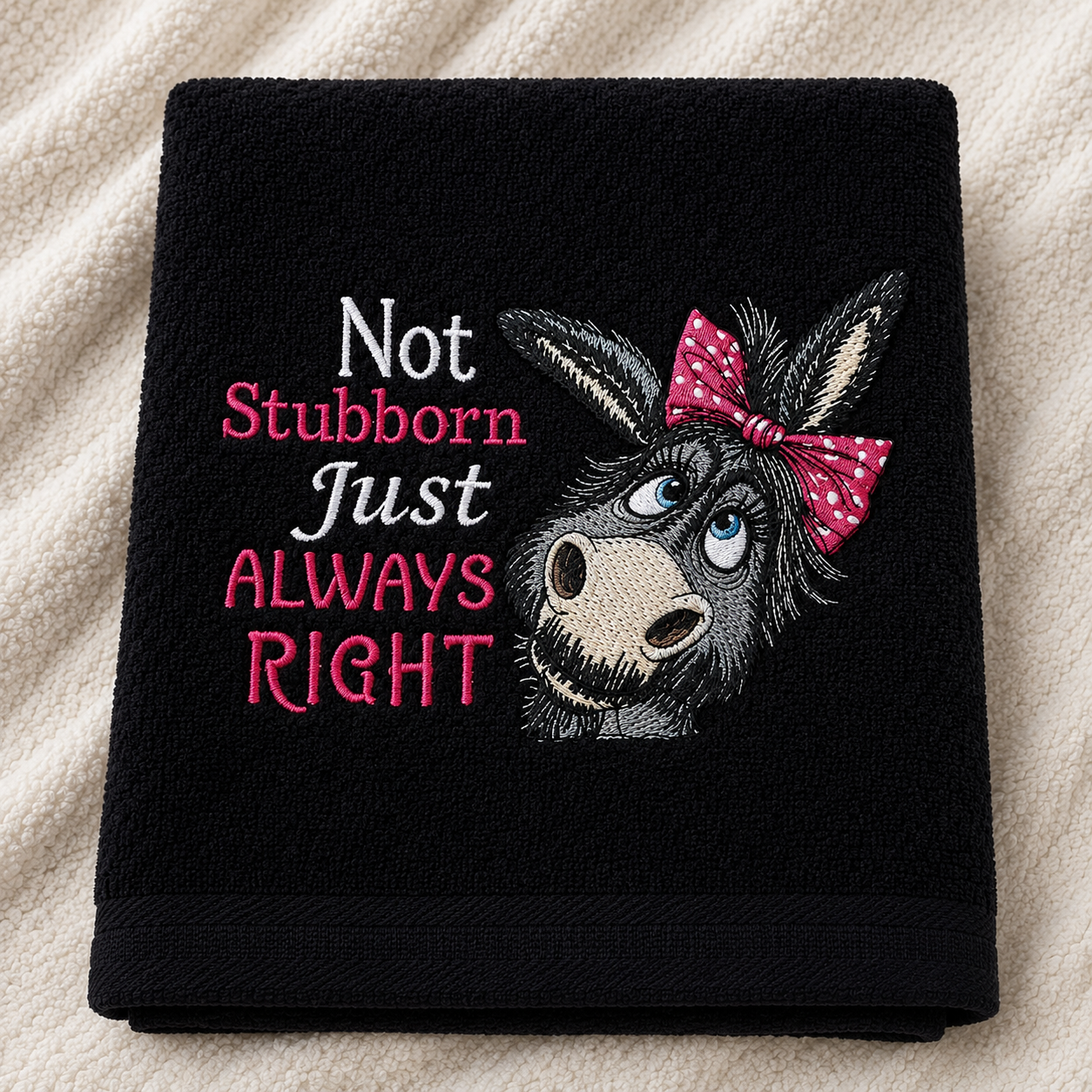 Black towel with embroidered donkey and text 'Not Stubborn Just ALWAYS RIGHT' on a beige fabric background