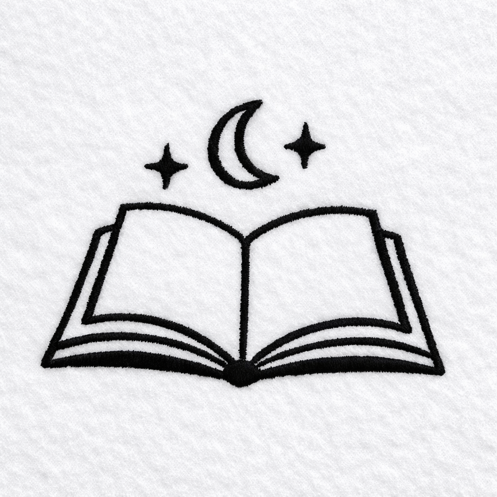 Black outline of an open book with a crescent moon and stars stitched on a white background