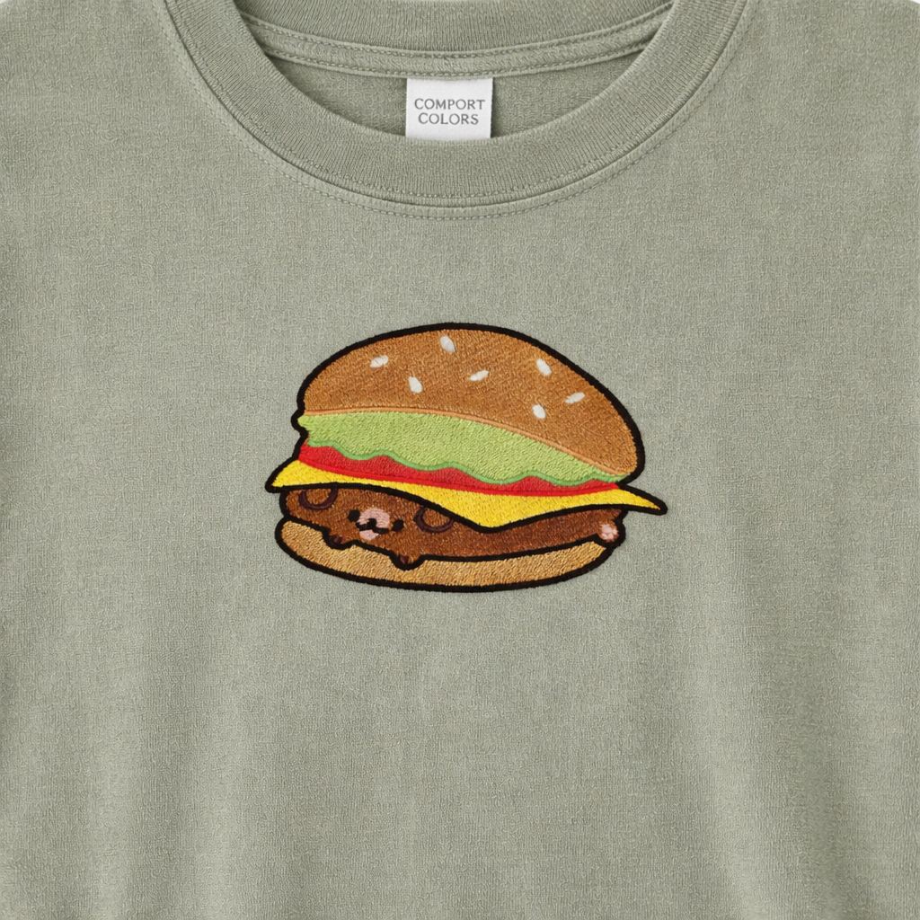 Sage t-shirt with a colorful burger design 