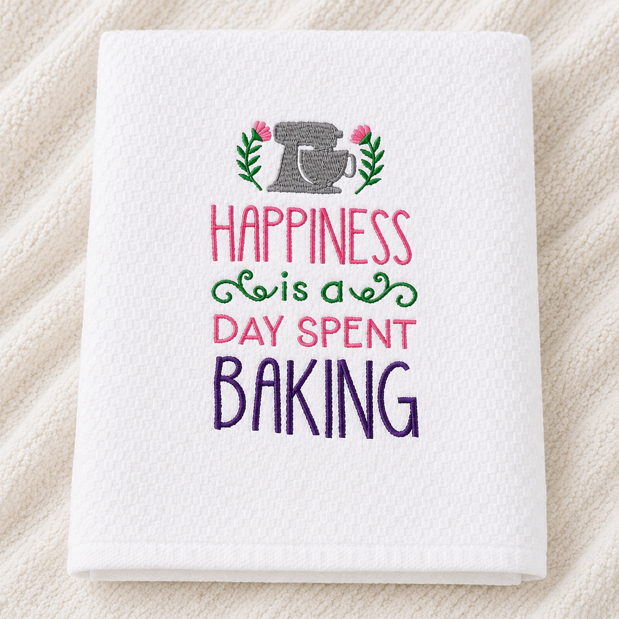 White towel with embroidered text and design on a beige fabric background