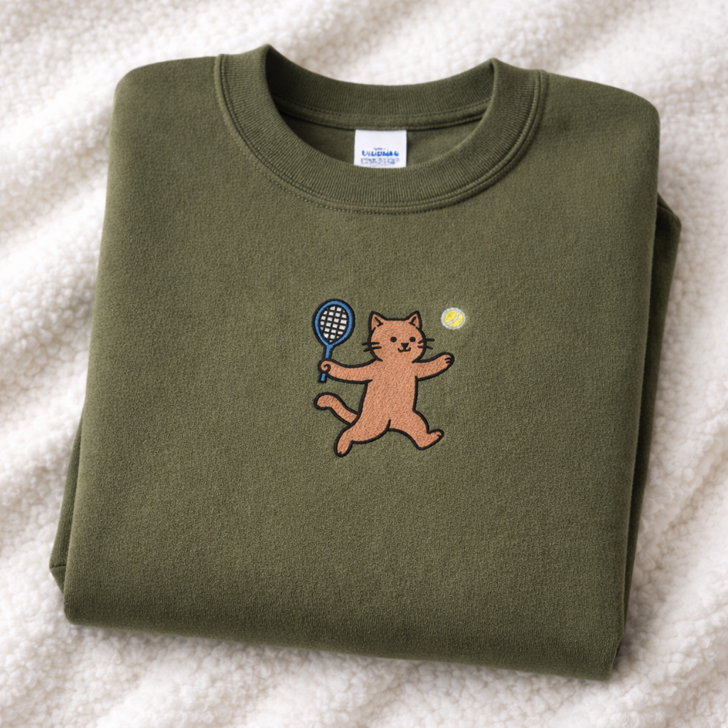 Folded military green sweatshirt with a cat playing tennis designc on a white background