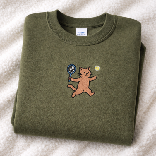 Folded military green sweatshirt with a cat playing tennis designc on a white background