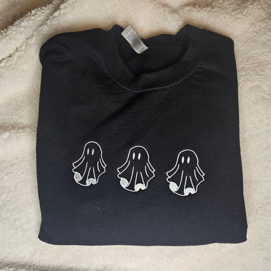 Black Gildan crewneck sweatshirt with 3 white embroidered ghosts