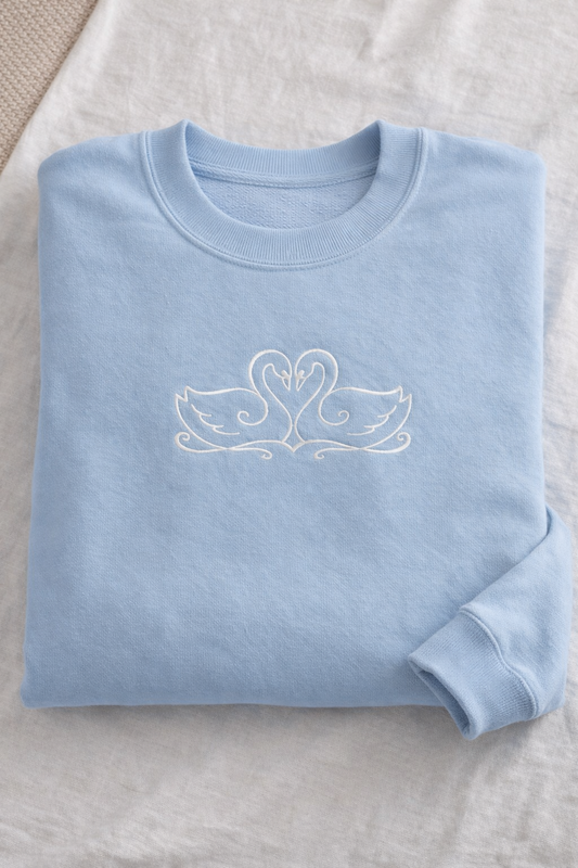 Swan Love Embroidered Crewneck or Hoodie – Minimal Heart Swan Design, Cozy Sweatshirt, 11 Colors, Made to Order