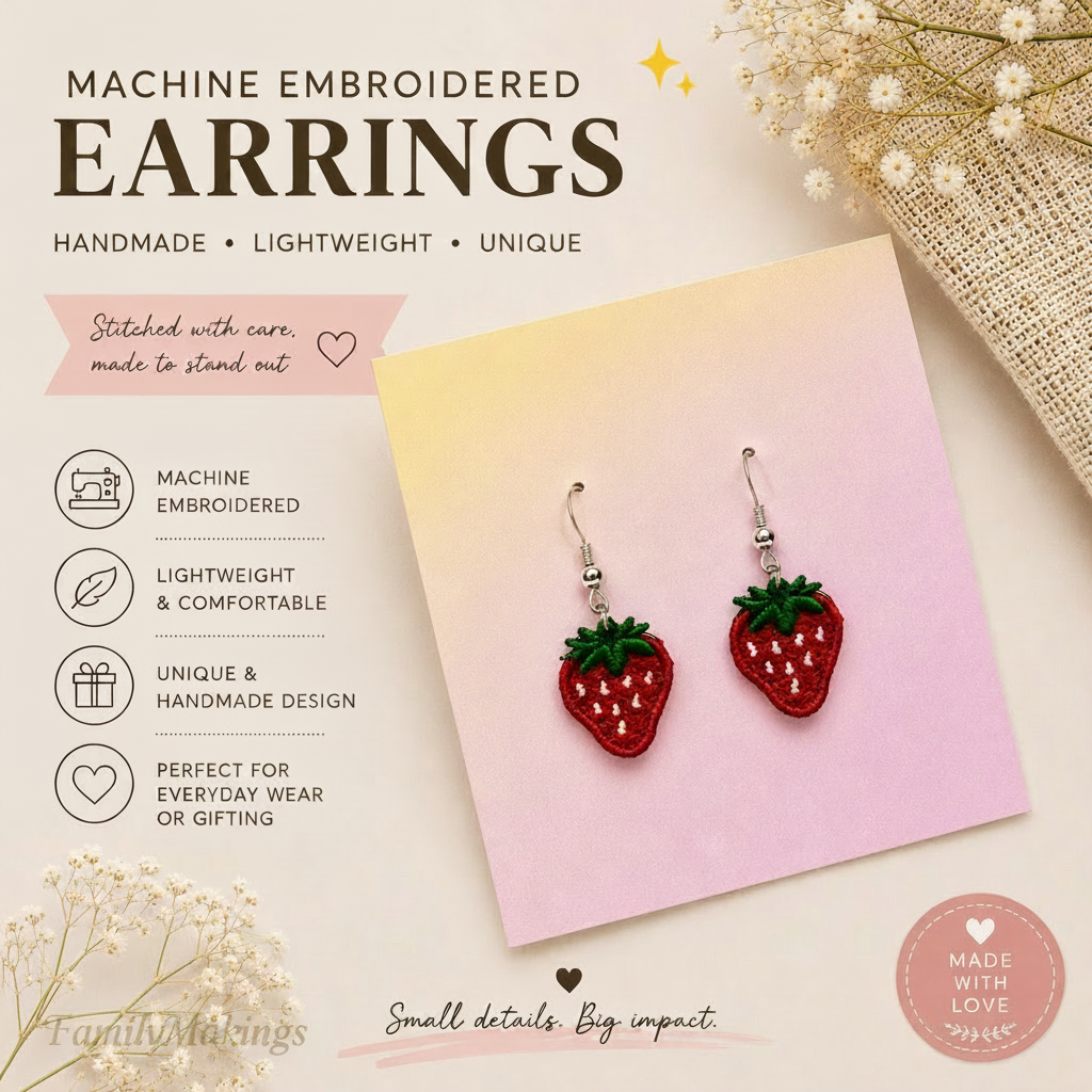 Embroidered, lightweight, unique and a perfect gift.  Embroidered strawberry earrings.