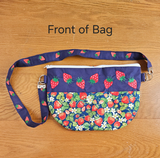 Handmade Navy Strawberry Crossbody Bag – Embroidered Cotton Purse with Fixed Strap – Summer Fruit Shoulder Bag