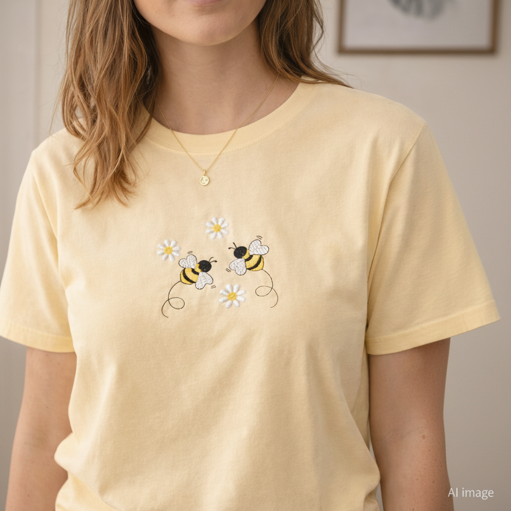 Person wearing a butter t-shirt with bees and daisies design