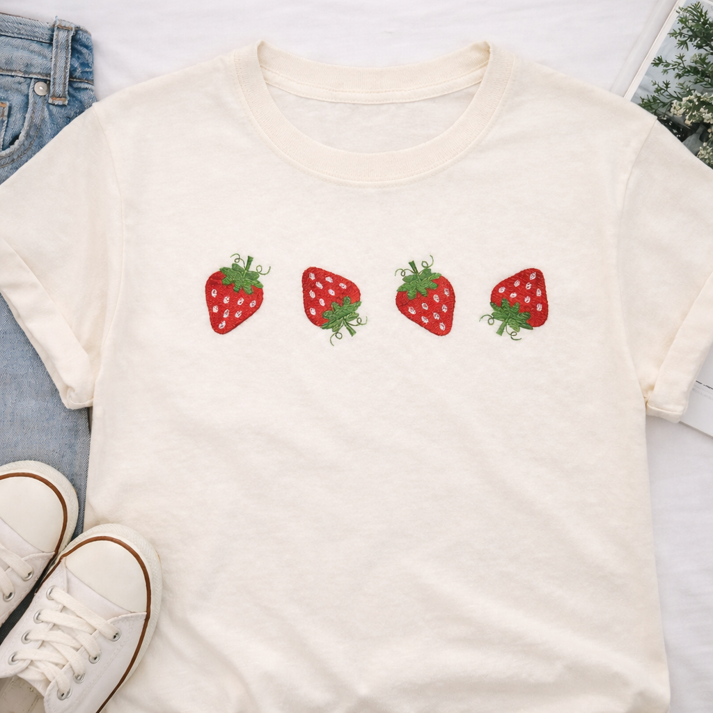 Embroidered Strawberry Shirt – Comfort Colors Tee, 14 Colors, Made to Order