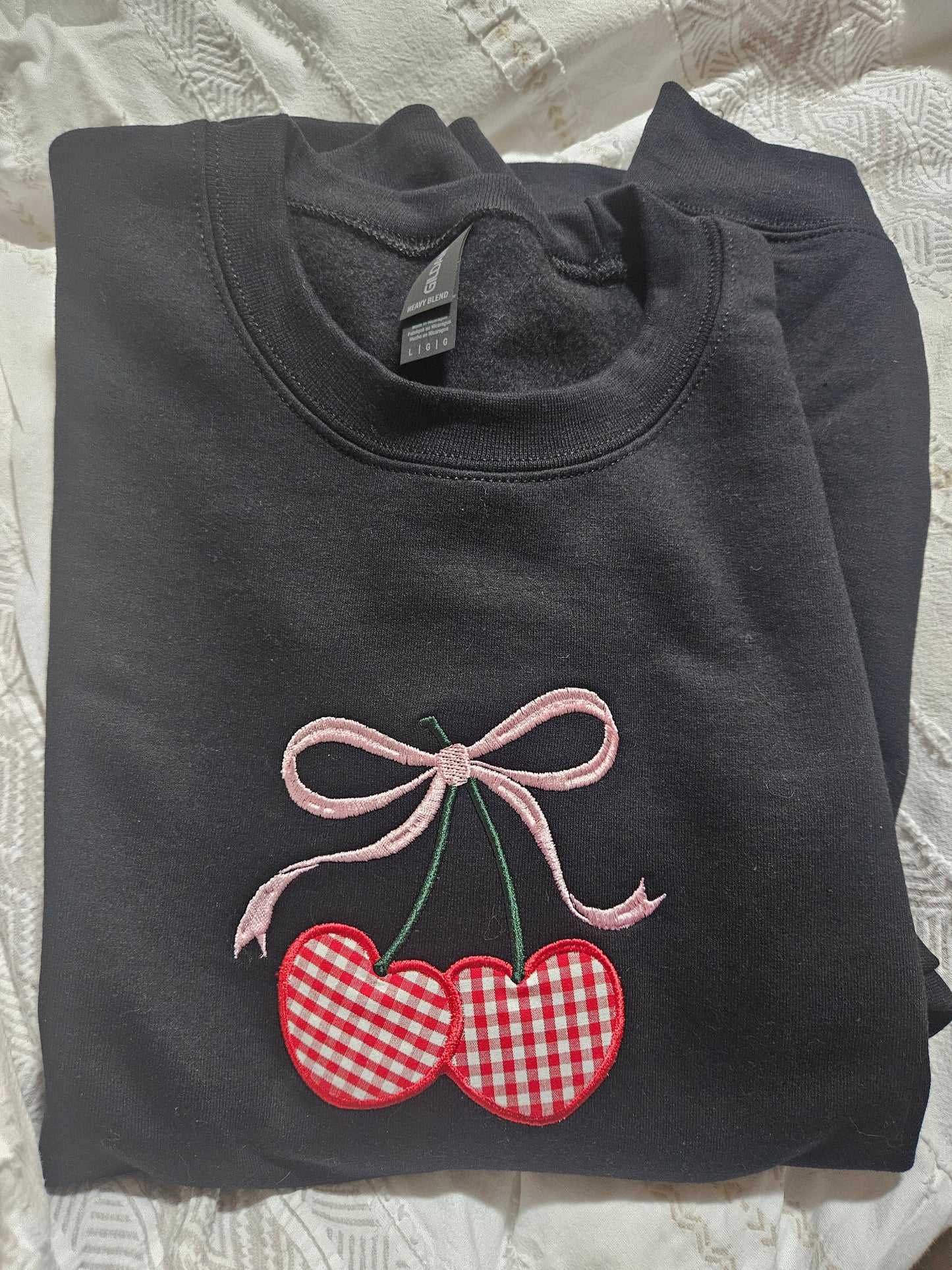 Cherry Bow Appliqué Sweatshirt | Handmade Crewneck or Hoodie | Made to Order