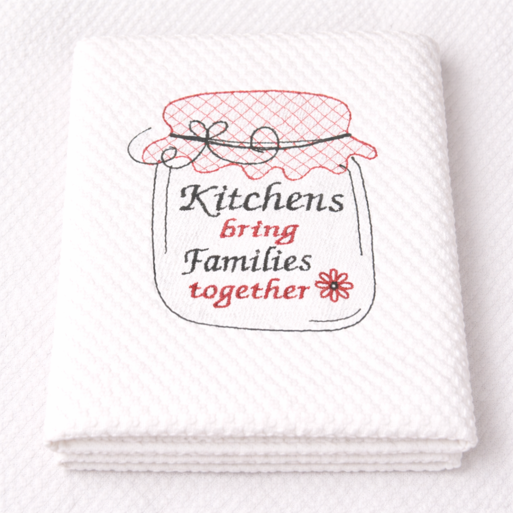 White towel with red and black embroidered text and design on a white background