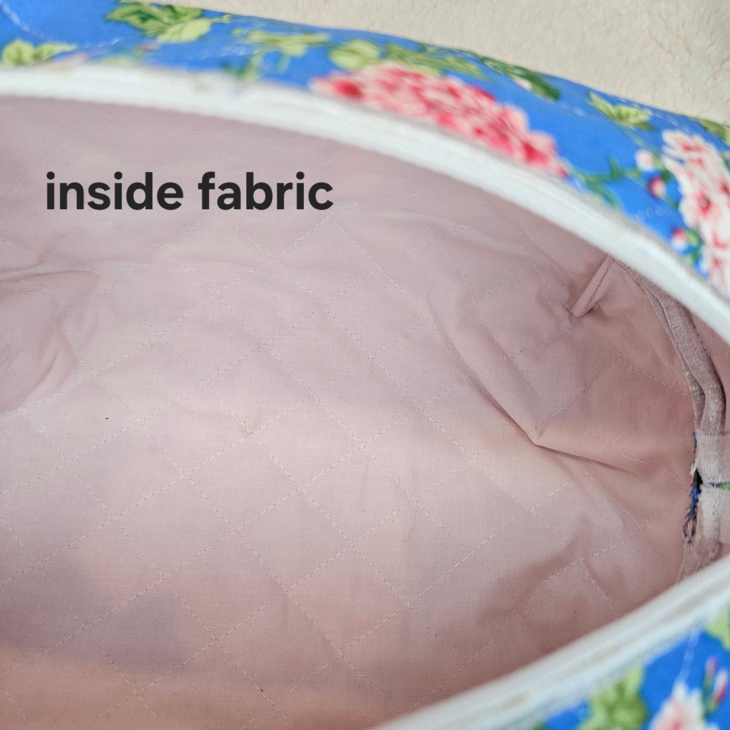 Close-up of a fabric interior with floral exterior