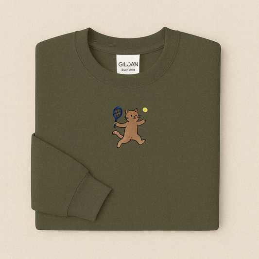 Cat Playing Tennis Embroidered Sweatshirt | Cute Cat Hoodie or Crewneck | 10 Color Options