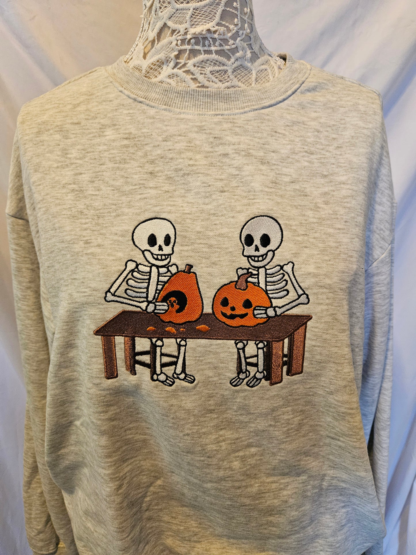 Skeletons Carving Pumpkins Embroidered Sweatshirt | Custom Halloween Crewneck or Hoodie | 10 Colors | Made to Order