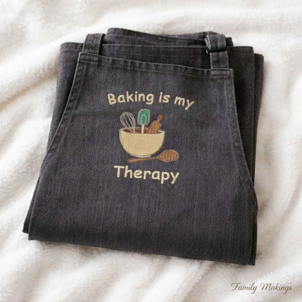Black denim aprons with 'Baking is my Therapy' embroidery on a white surface