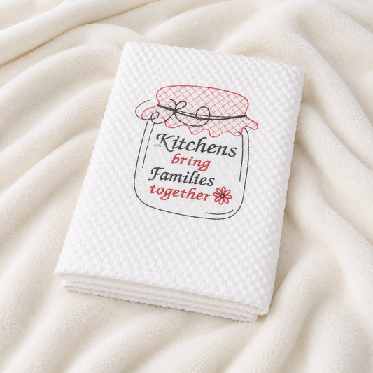 White towel with embroidered text on a beige fabric background