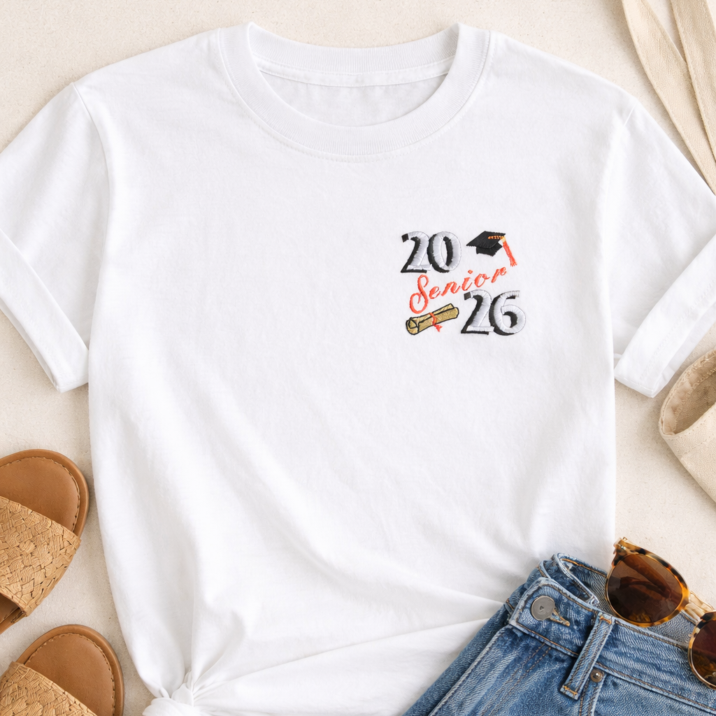 White t-shirt with '20 Senior 26' design on a light background