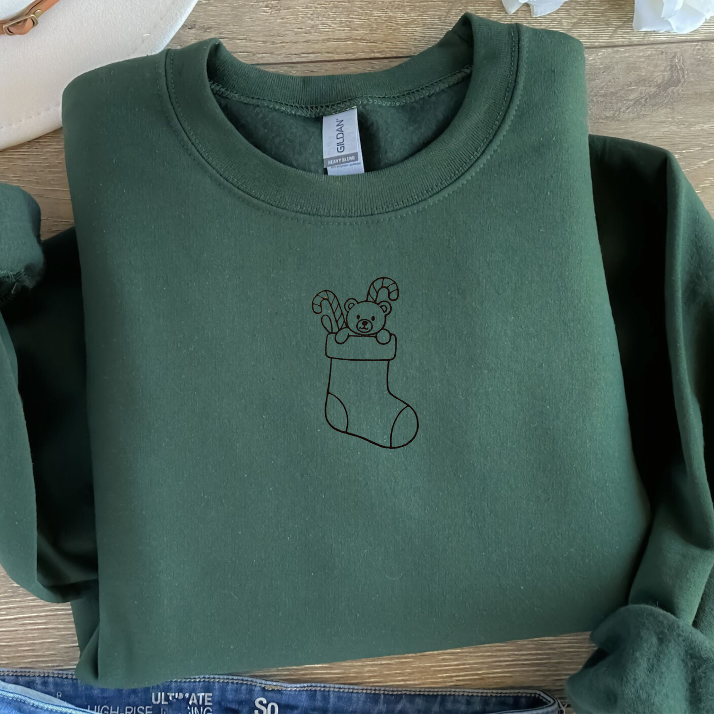 Christmas Stocking Embroidered Sweatshirt | Gildan | Teddy & Candy Canes Design