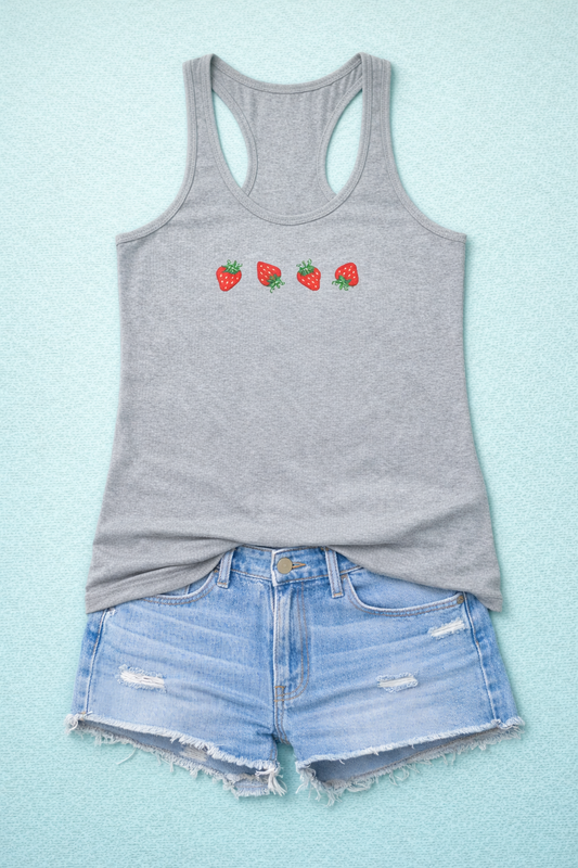 Strawberry Embroidered Tank Top – Next Level Racerback, Minimal Summer Top, 10 Colors, Made to Order
