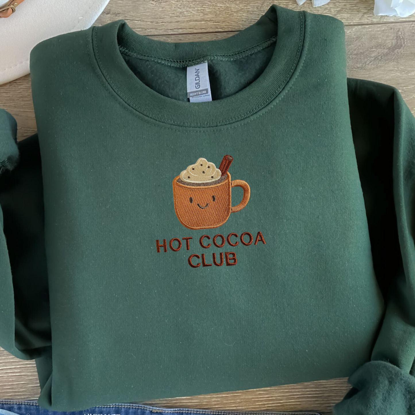 Custom Hot Cocoa Club Embroidered Sweatshirt | Personalized Winter Hoodie or Crewneck | 10 Color Choices | Cozy Hot Chocolate Pullover
